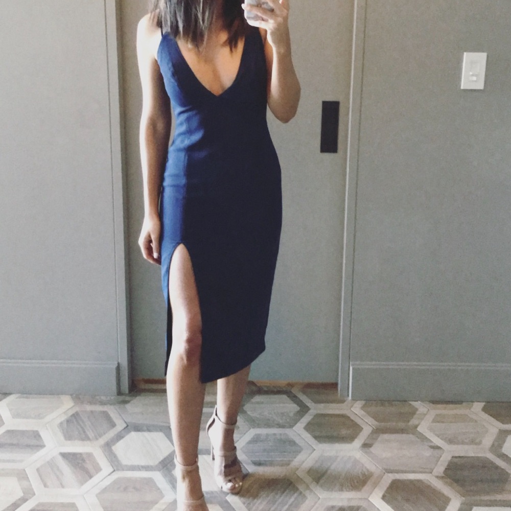 Deep V-Neck Navy Midi Dress with Side Slit